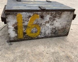 Antique shipping crate, all original paint, leather hinges are broken but still cool. 28" x 18" x 14." Industrial factory piece. $40