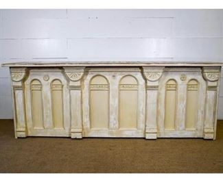 Old counter painted with Gothic arches. The inside is hollow with no shelves behind. Top is chippy cream colored paint. Measures approximately  10 feet long, 43" high. This piece is very solid and would make a great counter for a store, kitchen or large area in the home. Good storage inside. $850 (Please note this piece will need to be picked up at a storage unit as we did not move it to the site with other items in this sale.)
