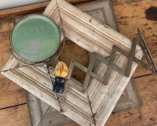 Antique shaving mirror with extending arm. Folds up to be close to wall or extends as shown. Shaving brush not included. $49