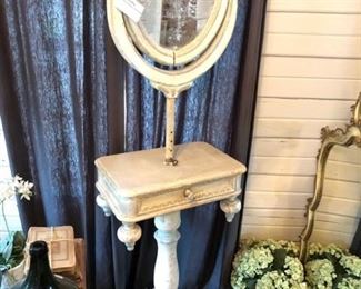 Antique French 1800s vanity mirror, free standing with one drawer. Original white paint. Original patina. Original mirror. A very unique piece. From France. 72" high, 20.25" wide and 13.5" deep. $900