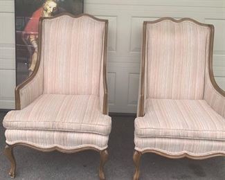 Pair of Vintage French Provincial armchairs, upholstered. Very sturdy and upholstery in good condition. Some soiling on side. Great to reupholster. Wood frames. $45 pair