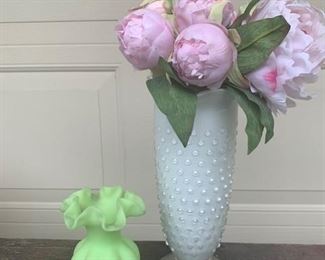 Vintage hobnail tall vase with no chips or cracks with a ruffled green porcelain vase. Pair is $22