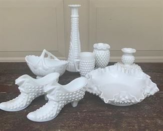 Lot of 8 pieces of vintage white Hobnail including tall vase, basket, ruffled bowl. candlestick, small pitcher, two shoes and small ruffled vase. All for $28