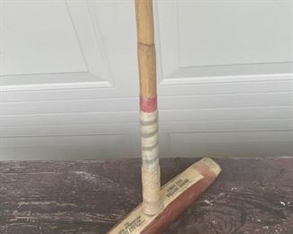 Very old Polo mallet all wood with all original writing on mallet including player info which is rare. Measures 50" tall and mallet portion is 10" across. $125