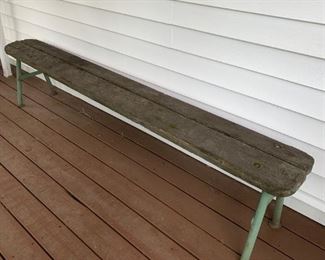 Industrial factory bench with iron green painted legs, wood top, 84" long. Great industrial piece. From factory prior to demolition. $45