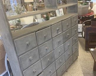 Antique French Bank of Drawers, 1800s, original paint. 70" High, 59" wide, 9 1/2" deep. Fantastic for kitchen, pantry, bathroom, anywhere. A very unusual piece from France. $1495
