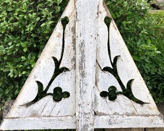 Antique pediment 51.5” h x 54” w at bottom. Beautiful white choppy paint $275
