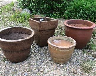 Glazed garden pots.  Left to right sizes Left - 15.5” round x 12.5” high $40
Square - 11.5” square x 14.5” h $35
Small 12” round x 9” h $25
Right 15.5” round x 13 “ h $30