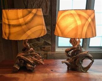 Pair of Mid Century 1950s driftwood lamps with original celluloid shades. All in working order. Excellent condition. All original $295