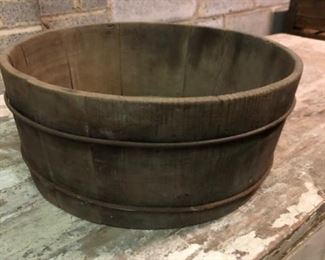 Antique wood bowl with metal rings - original patina 11" round x 4.75" h  $45