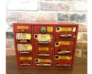 Original metal parts bin with all original labels from Parma Hardware.  11" x 14" x 6" -$45 (Reduced from $65)