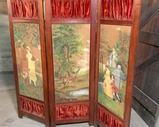 Beautiful antique Victorian tri-fold velvet screen, mahogany wood and three original oil painted panel screens. Very unusual and breathtaking in person. 60" high, measure 60 1/4" wide when fully opened as shown and each panel is 15" x 34". $225