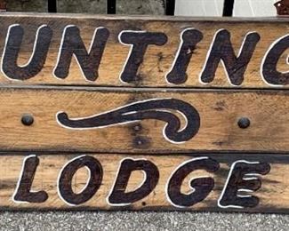 Vintage Hunting Lodge wood hanging sign with brackets on top for hanging. All wood with hand painted metal adornments of animals as shown. Measures 30 1/2" x 16 1/2" $59