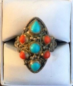 Vintage turquoise and coral ring. Sterling mark. Size 8 $75