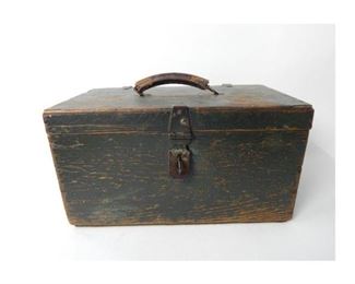 Vintage Army Green distressed box with latch and leather handle, 16" x 9" x 8 1/2" $22
