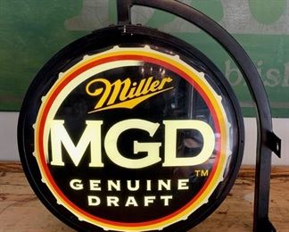 Huge Miller MGD Genuine Draft two sided with bracket sign. Great piece. 22" round. 7" deep. $59