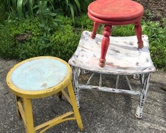 Primitive stools for sale. Yellow metal stool is 11 1/2" tall and 11 1/2" round - $28  OR Chippy red stool 10" tall and 13 1/2" wide -$26 OR White chippy square stool which is 13 1/2" tall and 17" square - $30 (Reduced from $35)