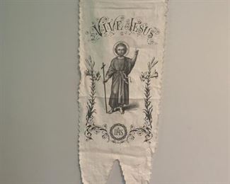 Rare  French church banner from France. There are three of these. This features hand inked lithography on fine French linen. Vive Jesus which means "Live Jesus." These would have been used in a ceremonial march in the church. Needs to be ironed but so beautiful and unique. Rod across top and silk ribbon for hanging. Measures 29" x 9 1/2". Some soiling towards bottom due to age but does not detract. Just beautiful $175