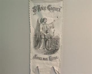 Rare French church ceremonial banner made of French linen and hand inked lithography. St. Ange Gardien means Guardian Angel Be My Guide. Measures 29" x 9 1/2". Some soiling from age but does not detract from the beauty of these. This is one of three being offered. From France. This would have been used in a ceremonial procession in the church. On rod with silk ribbon for hanging. Stunning! $175