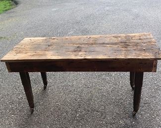 Antique primitive bench. Great primitive look .Measures 54" x 18" x 21". Great legs which are old but look to be added later. Next photo shows closer view $60 (Price reduced from $89)