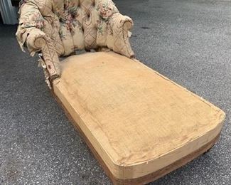 Vintage deconstructed chaise, burlap and original fabric on back. Tufted back. Great vintage look. Measures 70" x 35" x 33". On casters. Sturdy and rolls well. Very well made. Wood frame. $150