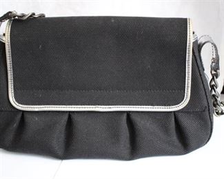 Fendi Hobo bag – black canvas, silver patent leather trim; 6”h x 12”w x 3”d
Condition: Exhibits use, minor scratches, interior makeup smudges which could be cleaned                  Asking   $200