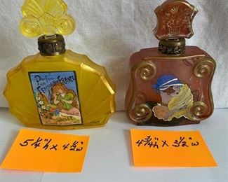 Pair Hand Painted perfume bottles, signed Laure Chauille; Yellow 5.25” h x 4.5” w, Amber 5.25” h x 4.5” w		   Asking $50/pr
