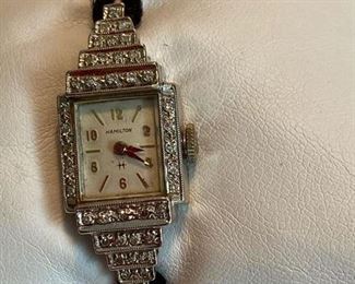 Ladies vintage Art Deco Hamilton watch mechanical, 14K WG & diamonds, measures 6” long, 42 diamonds/approximately 1 ct
Working & keeping time, 	 Asking  $500  