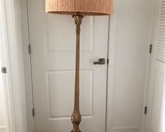 Italian style carved gilt wood floor lamp with fringed pleated silk shade, 3 light
Overall 70”h, shade bottom diameter is 22”             Asking  $650