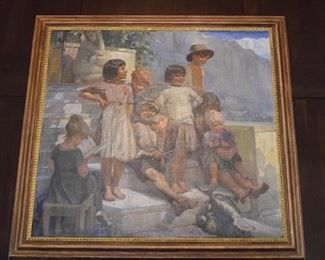 Carl Christian Forup (1883-1938, Denmark)
Original oil on canvas genre scene of Italian children
Signed Forup lower middle, marked “Capri 28” lower left
63″ x 58 1/2″, gilt frame
Condition: appears original, no retouches or repairs   Asking $1200