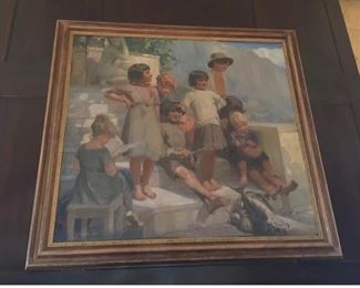 Carl Christian Forup (1883-1938, Denmark)
Original oil on canvas genre scene of Italian children
Signed Forup lower middle, marked “Capri 28” lower left
63″ x 58 1/2″, gilt frame
Condition: appears original, no retouches or repairs   Asking $1200
