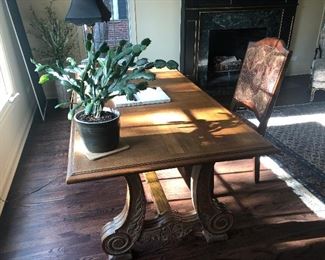 25% 0ff now $670 was $895 Louis XV Library Table Chene Elm Table with Goldleaf Accents Antiques on Old Plank Road H 29 in. x W 37.5 in. x L 69 in.