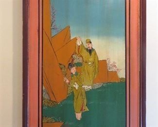 25% off now $145 was $195 Antique Painted Wood Panel "Couple on Garden Walk" Chinese Art Ornate Hardware with braided Cord & Tassel H 37.5 in. x W 24 in.  