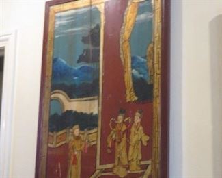 25% 0ff now $145 was $195 Antique Painted Wood Panel "Red Garden Meeting" Chinese Art Ornate Hardware with braided Cord & Tassel H 38 in. x W 24 in. Antiques on Old Plank Road
