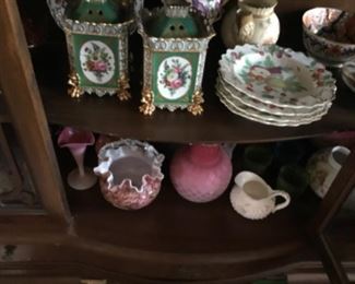 Chelsea plates, Victorian art glass basket, diamond quilted satin glass, peachblow