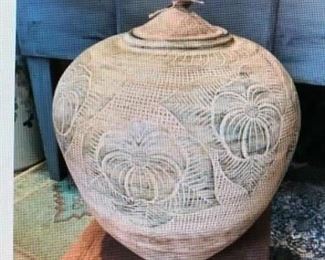Sgraffito Decorated Lidded Urn, Terra Cotta $125.00