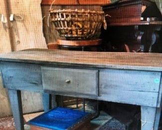Painted Wooden Work Table with Bread Board Top $230.00 (item located in storage, please contact if interested and we will arrange for the item to be on-site the day of the sale)