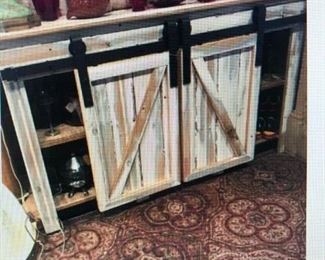 Hand Crafted. Paint Decorated Side Board with Metal Hardware and 'Barn Door' hung doors $605.00