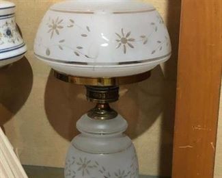 Pair of Frosted Glass Hurricane Lamps (White Floral Pattern) $150.00 (item located in storage, please contact if interested and we will arrange for the item to be on-site the day of the sale)
