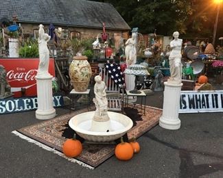 3 Fero Cement Statues of Maidens on Pedestals $305.00 each, Fero Cement Fountain, Maiden $395.00