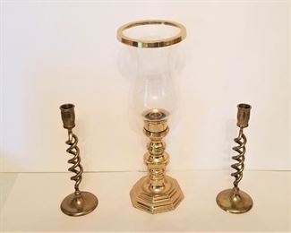 Lot #2  Pair Brass Barley Twist Candlesticks and Brass Candle Lamp