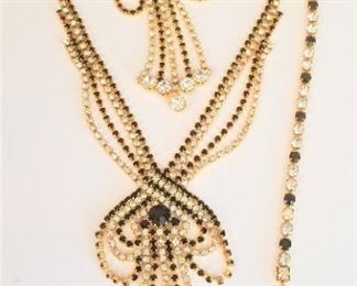 Lot #31  3 pieces - necklace, brooch, bracelet - clear/navy rhinestones.