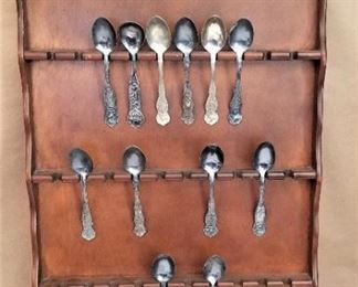 Lot #43  Wooden spoon rack with silverplate vintage souvenir spoons - all you see here