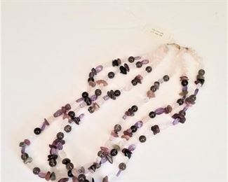 Lot #45  Triple strand necklace - semiprecious stones - rose quartz, amethyst, etc