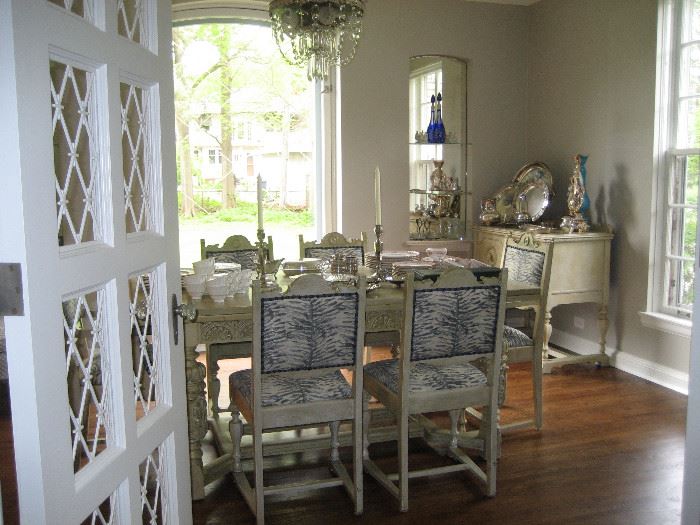 Painted antique dining room table with 6 chairs, painted buffet