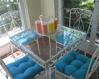Retro glass top patio table with 4 chairs, vintage lemonade glasses