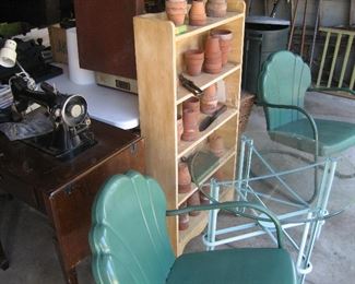 Painted metal chairs, glass top metal table, early Singer sewing machine