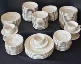 This Nottingham China includes 5 cups, 36 saucers, 48 plates...11 small, 19 medium, 13 large, 5 main plates.  Durable clean design. A traditional favorite.  https://ctbids.com/#!/description/share/422378