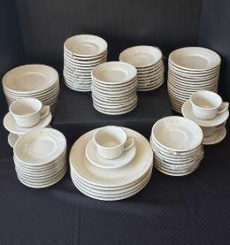 This Nottingham China includes 5 cups, 36 saucers, 48 plates...11 small, 19 medium, 13 large, 5 main plates.  Durable clean design. A traditional favorite.  https://ctbids.com/#!/description/share/422378