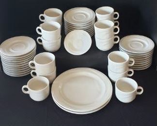 https://ctbids.com/#!/description/share/422414 Killington China-Rego Collection by Onedia: 1 small bowl, 14 cups, 29 saucers, 2 plates. "With a lightweight body and elegant flat rim, Killington reflects sophisticated style while making food arrangements appear generous. Its embossing carries a basic charm that is a perfect accent for stylish dining. The crème white body color can complement any decor, and the banquet weight is ideal for catering and banquet service."